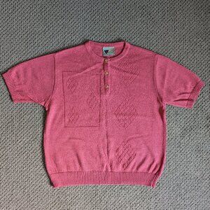 Vintage salmon knitted short-sleeve sweater, cute patterns, 3 gold buttons, sz M